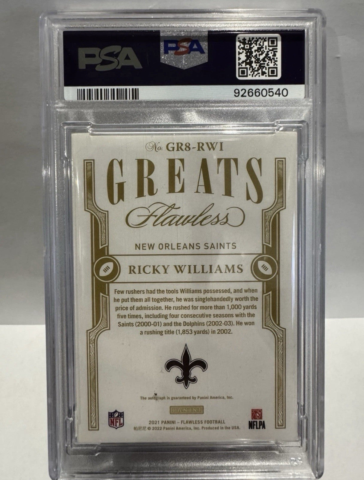 2021 Flawless Ricky Williams Greats Auto-Silver 9/20 PSA 10 POP 1 On Card Auto