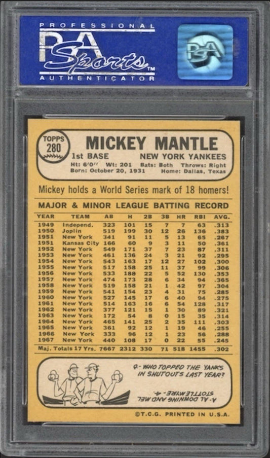 1968 Topps #280 Mickey Mantle PSA 8