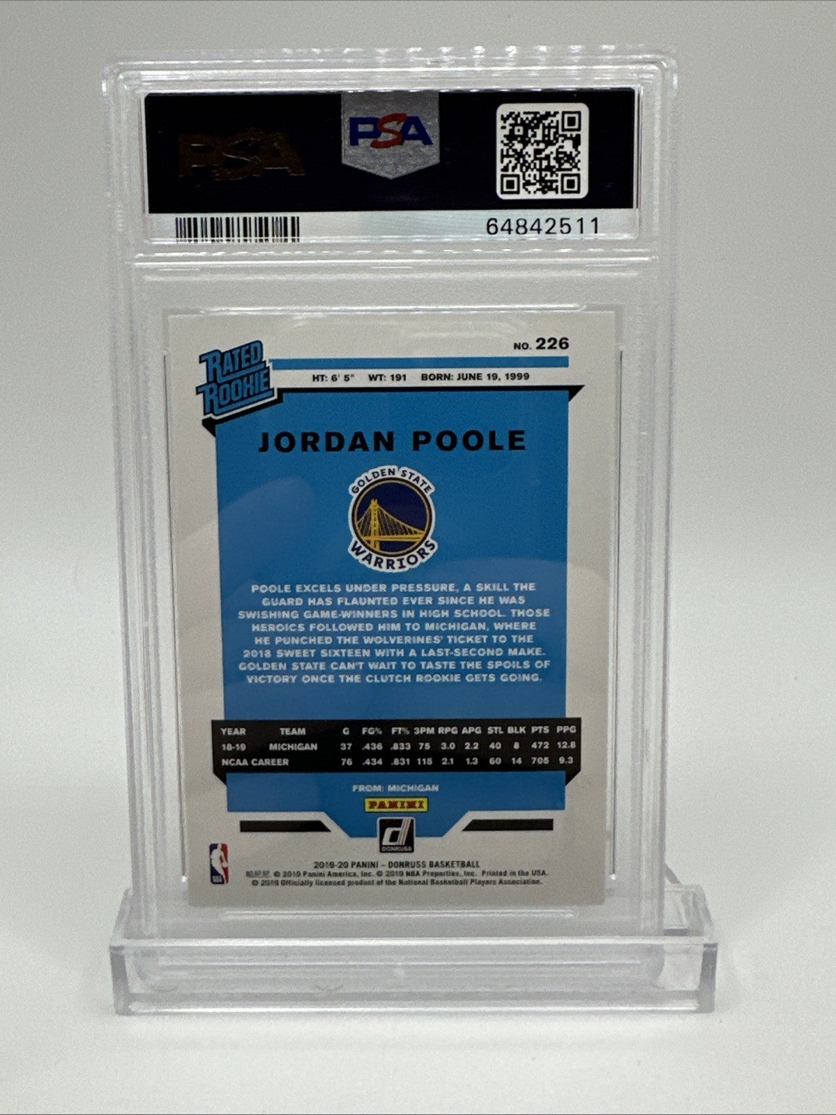 2019-20 Panini Donruss Rated Rookie Infinite Jordan Poole #226 Rookie RC