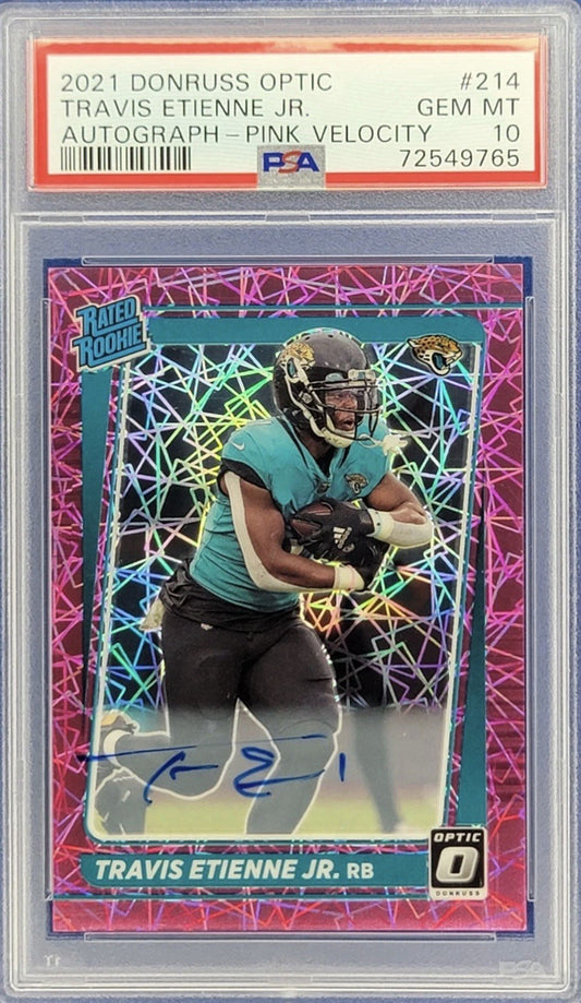 2021 DONRUSS /50 OPTIC RATED ROOKIE TRAVIS ETIENNE PINK Auto VELOCITY PSA 10