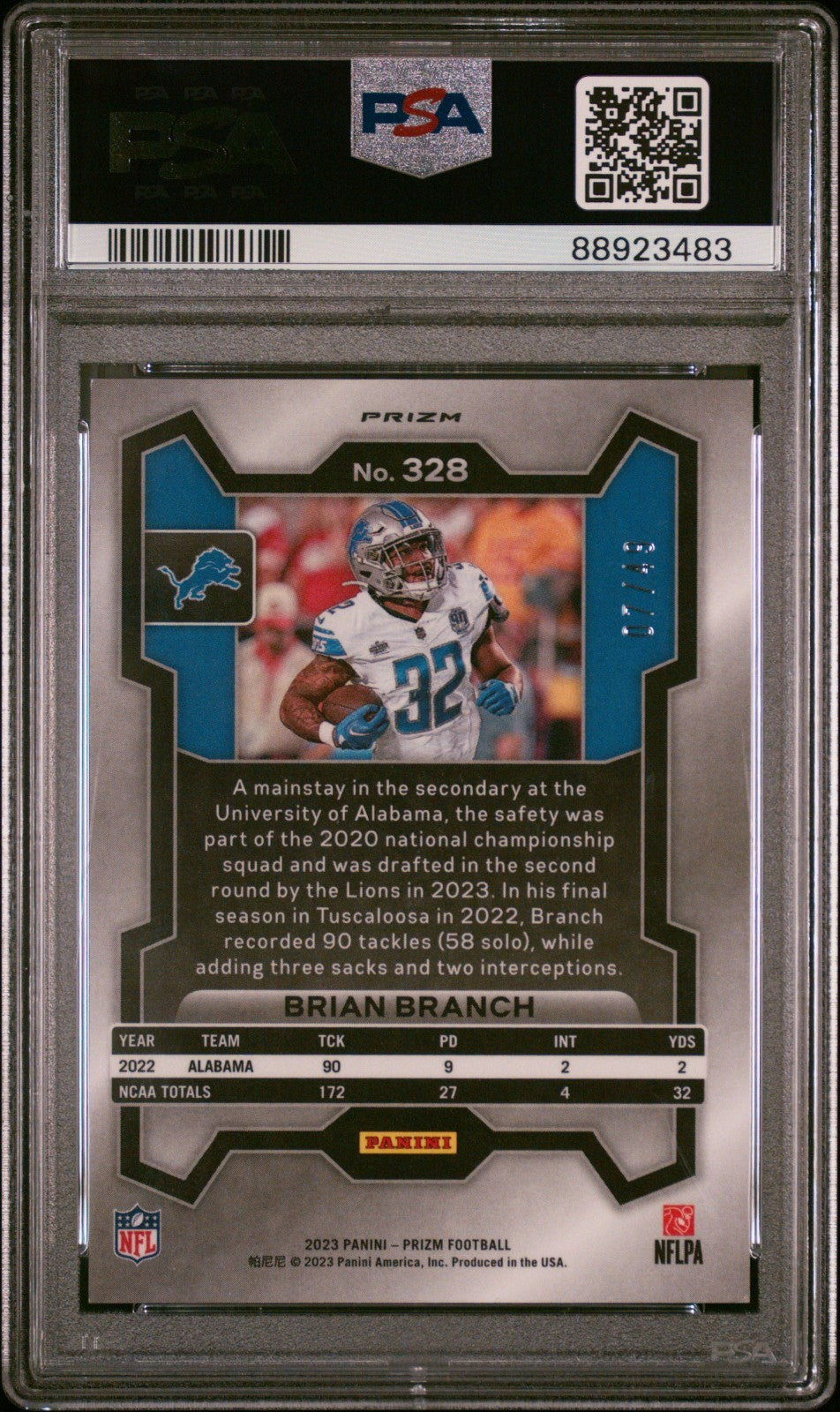 2023 Panini Prizm Brian Branch #328 Purple Power PSA 10 GEM MINT