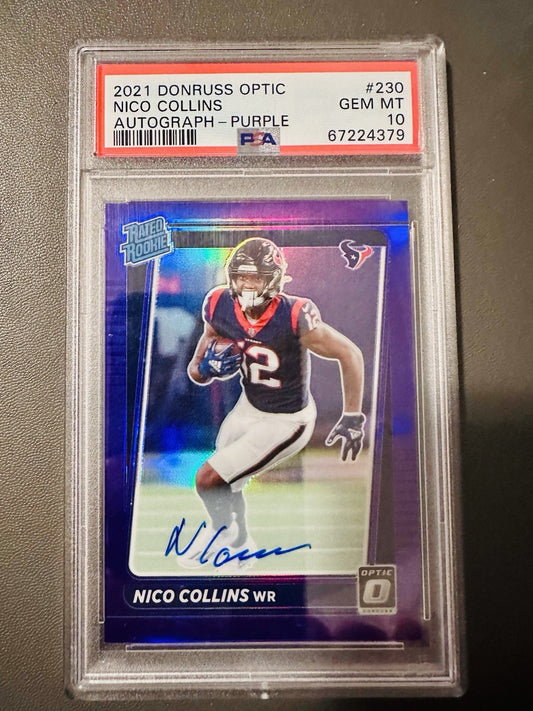 2021 Donruss Optic Nico Collins Autograph Purple 18/25 PSA 10 GEM MINT