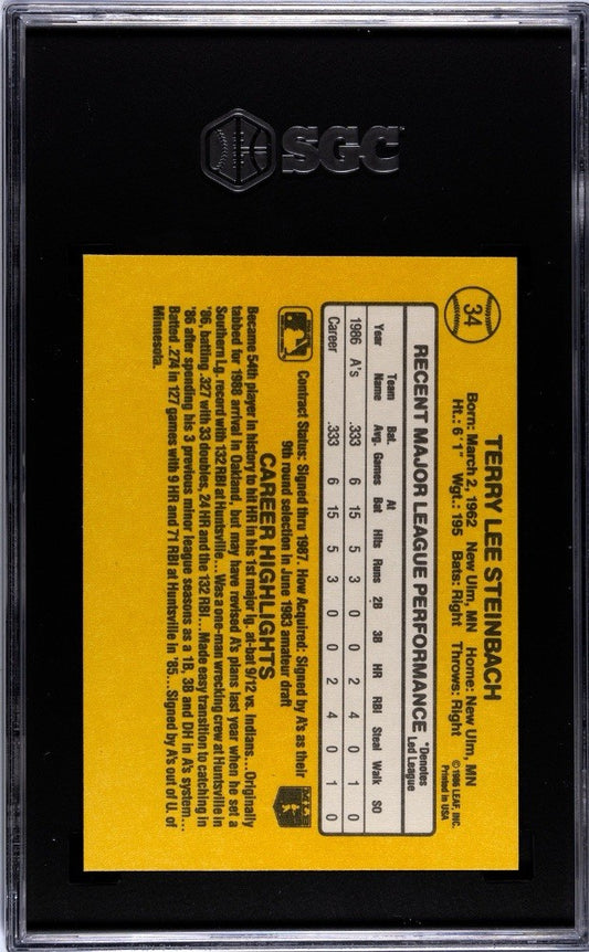 1987 Donruss #34 A's TERRY STEINBACH Rookie RC SGC 8.5