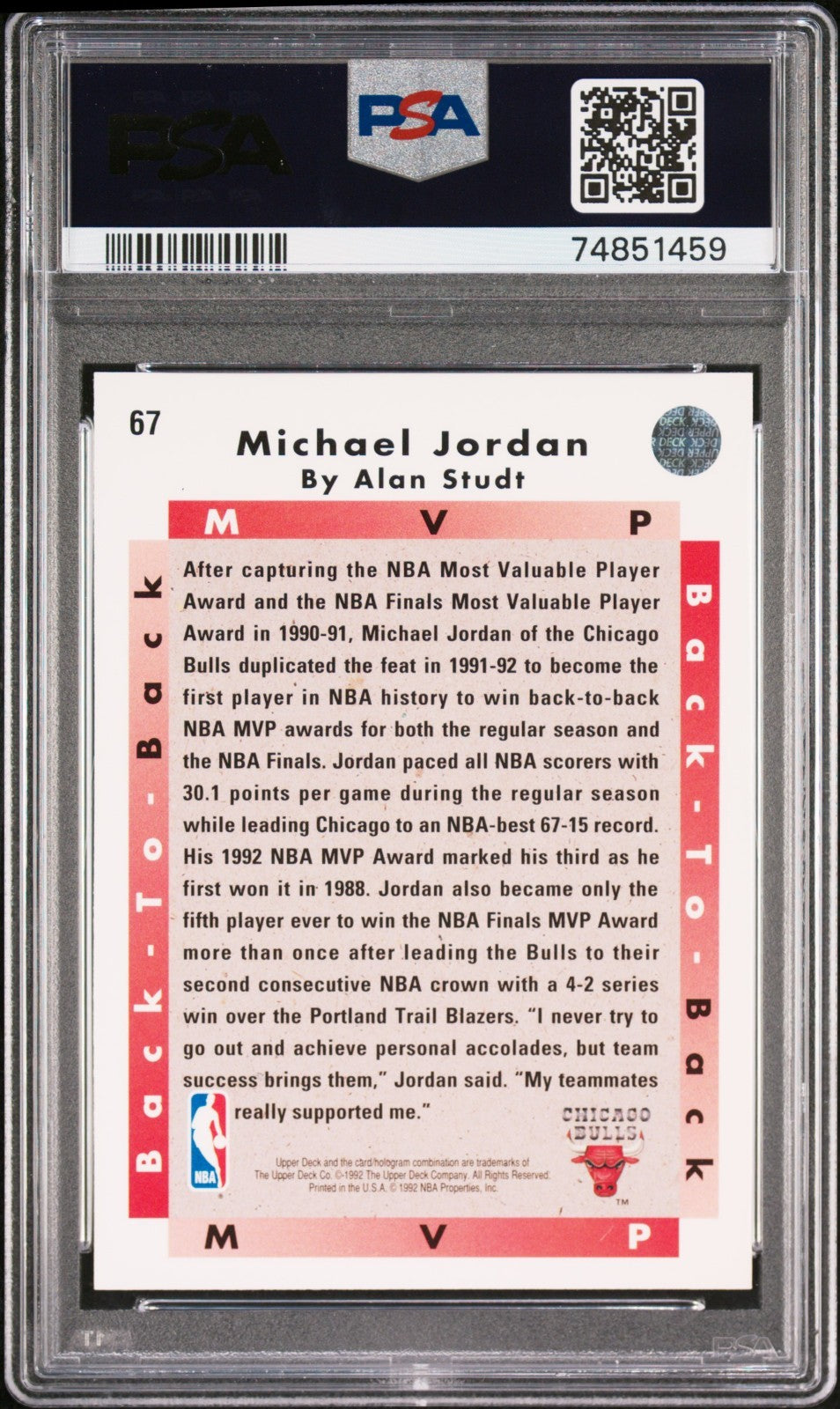 1992 Upper Deck Michael Jordan Mvp #67 PSA 9