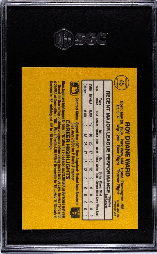 1987 DONRUSS #45 DUANE WARD RC RATED ROOKIE BLUE JAYS SGC 9