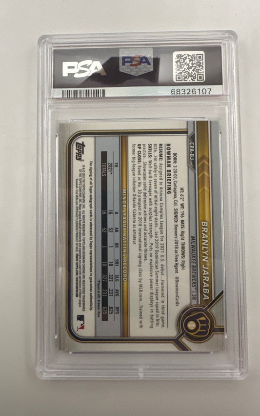 2022 Bowman Chrome Prospect Auto Branlyn Jaraba Chr.Pros-Blue Ref. #CPABJ PSA 9
