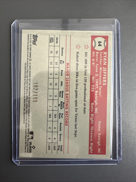 Ryan Jeffers RC 2021 Topps Chrome Platinum Anniv. Blue Mini-Diamonds /199 #64