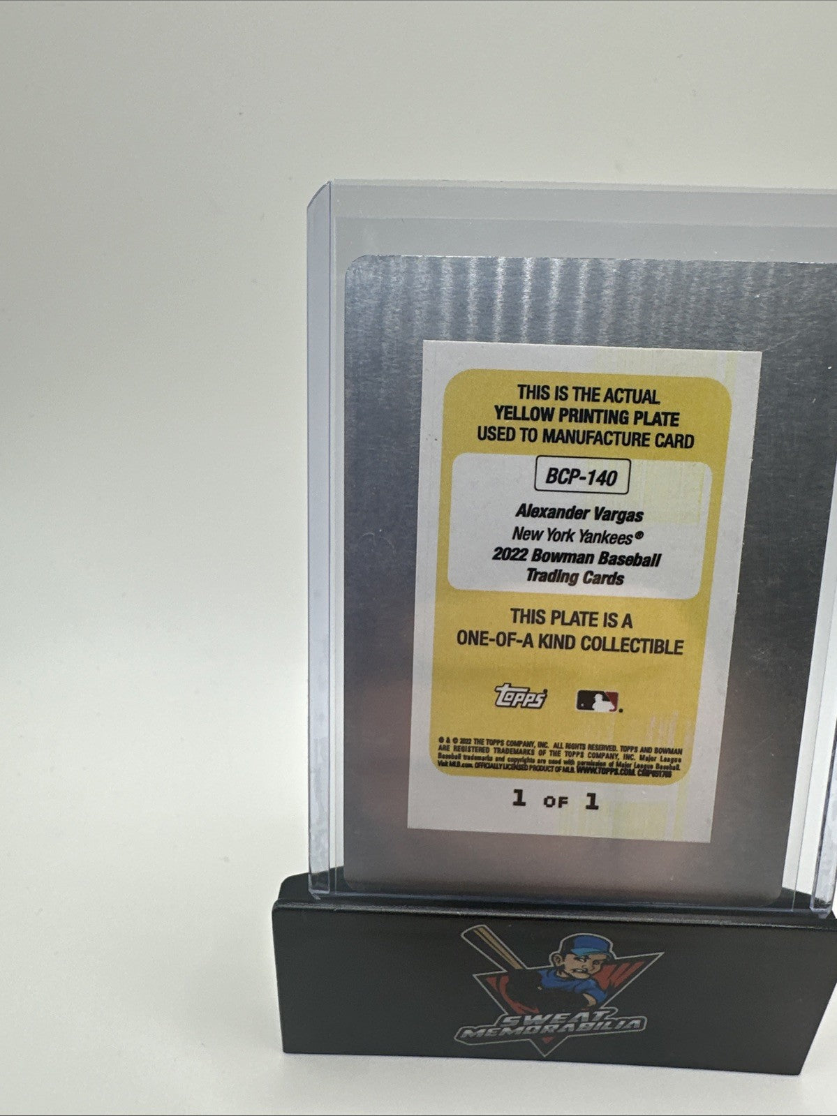 2022 Bowman Baseball ALEXANDER VARGAS Yellow Printing Plate 1/1 YANKEES