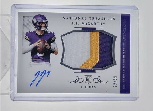 J.J. MCCARTHY 2024 NATIONAL TREASURES CROSSOVER RPA ROOKIE RC AUTO /99