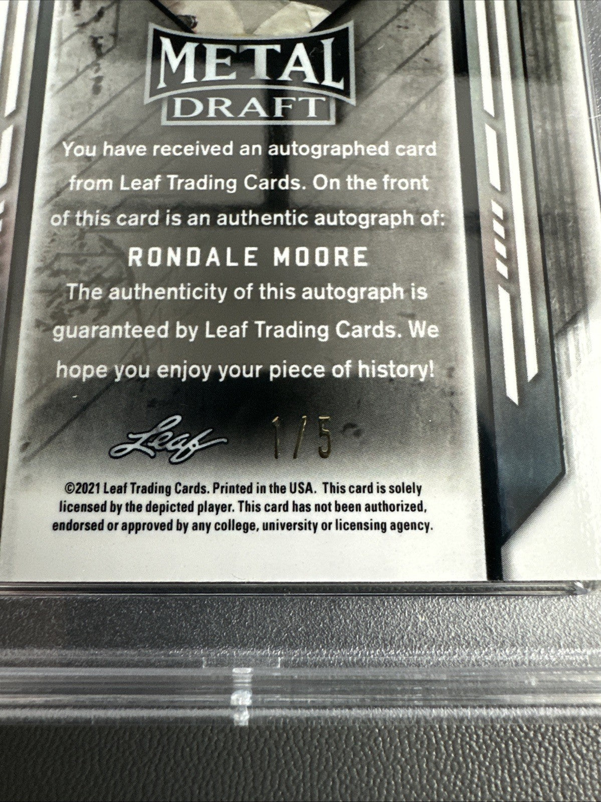 RONDALE MOORE 2021 LEAF METAL DRAFT ROOKIE Orange AUTO 1/5 PSA 10