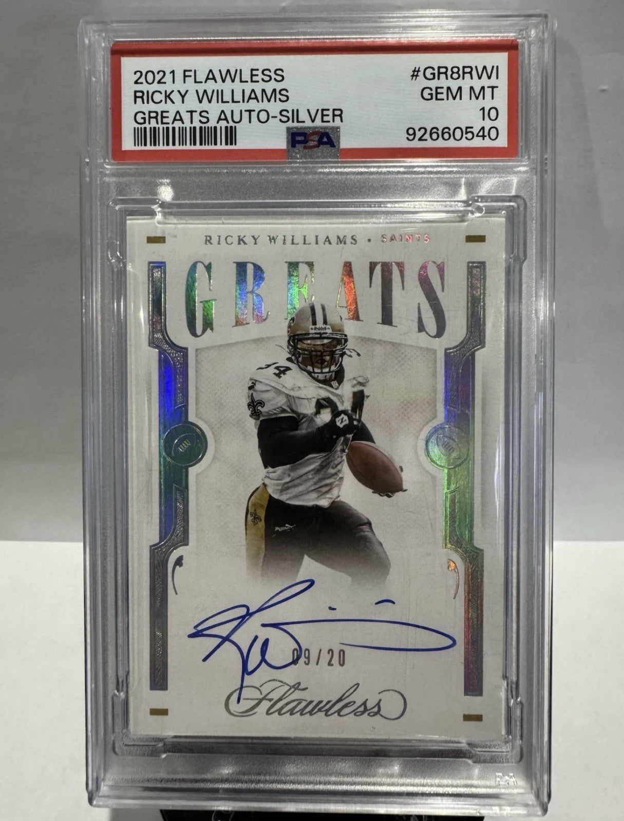 2021 Flawless Ricky Williams Greats Auto-Silver 9/20 PSA 10 POP 1 On Card Auto