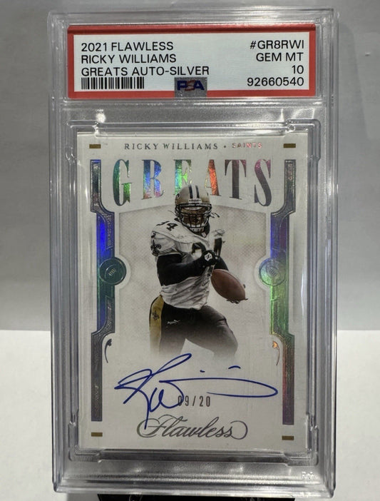 2021 Flawless Ricky Williams Greats Auto-Silver 9/20 PSA 10 POP 1 On Card Auto