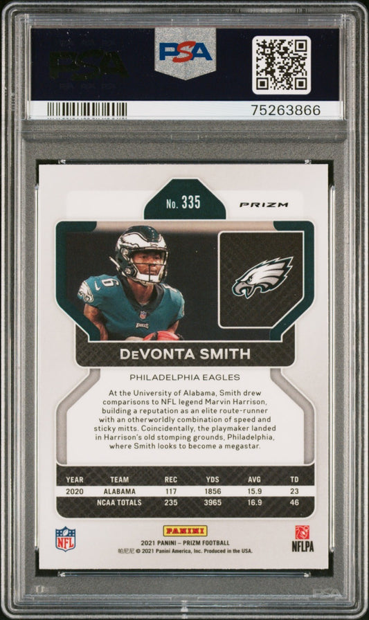 2021 Panini Prizm Devonta Smith #335 Red/White/Blue Prizm PSA 10