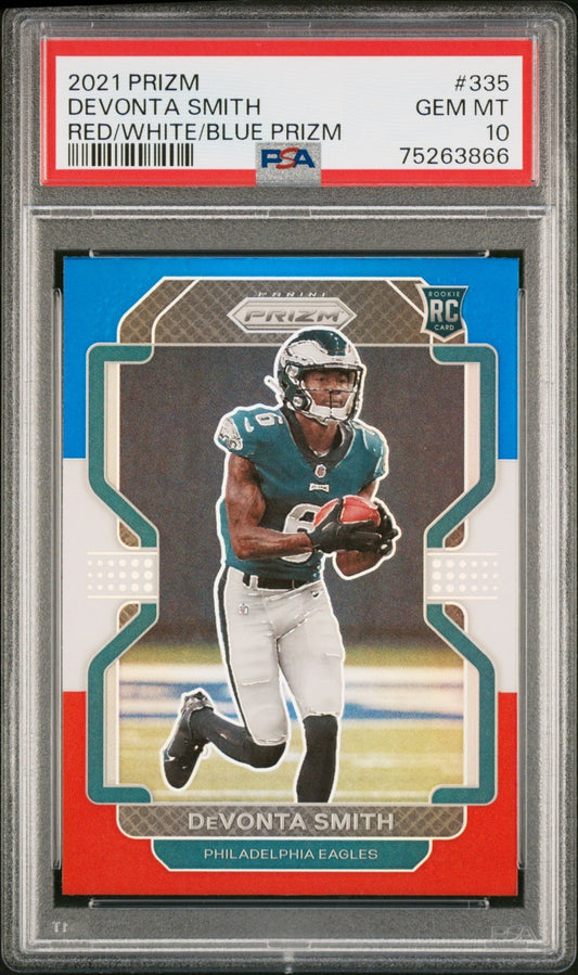 2021 Panini Prizm Devonta Smith #335 Red/White/Blue Prizm PSA 10