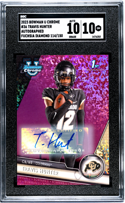 2023 Bowman Uni Chrome Travis Hunter Auto. Fuchsia Mini #36 SGC 10/Auto 10