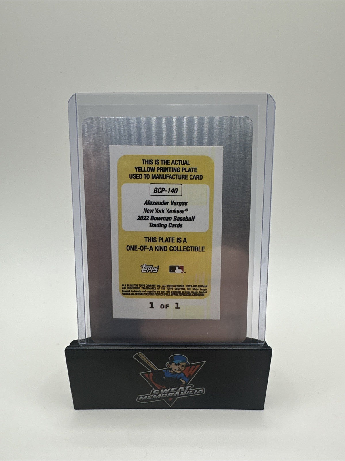 2022 Bowman Baseball ALEXANDER VARGAS Yellow Printing Plate 1/1 YANKEES