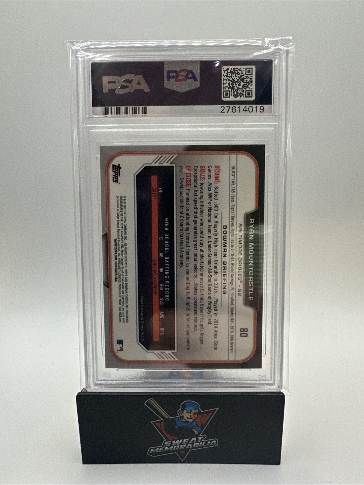 2015 Bowman Draft Ryan Mountcastle Chrome Refractor PSA 9 Baltimore Orioles #80