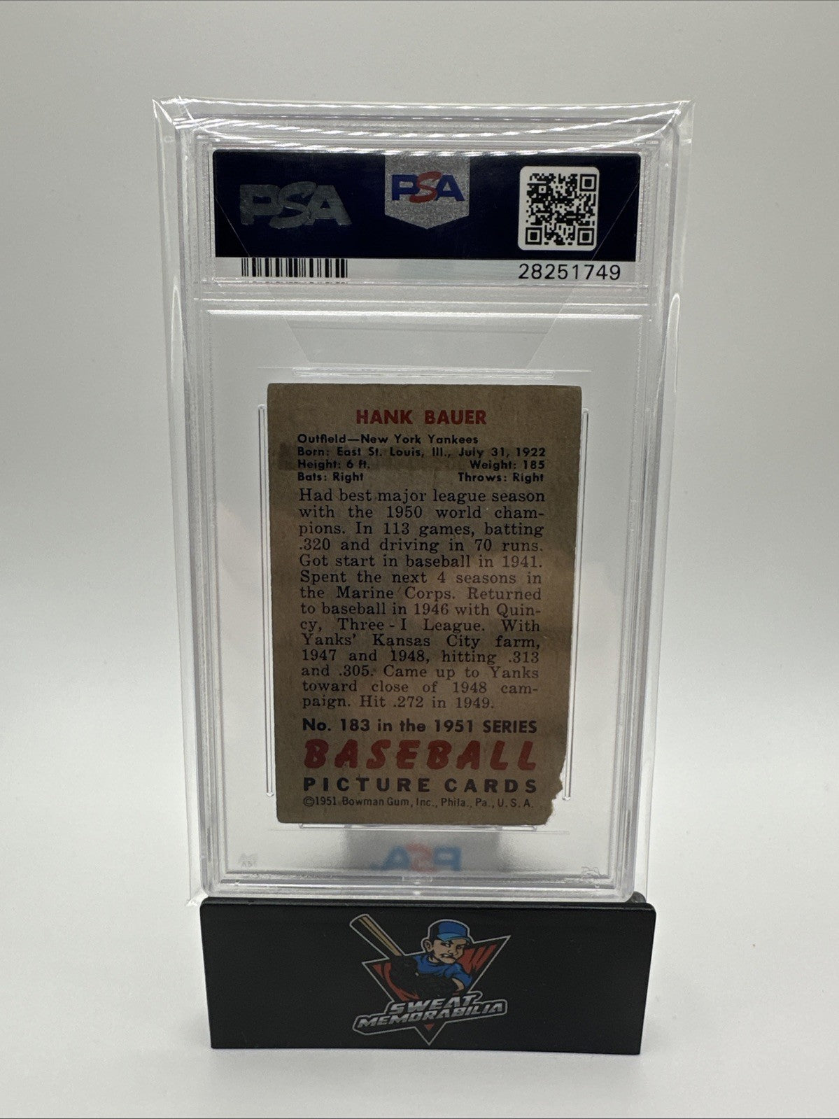 1951 Bowman HANK BAUER #183 Auto Card PSA PR 1 Auto 8 PSA/DNA Cert