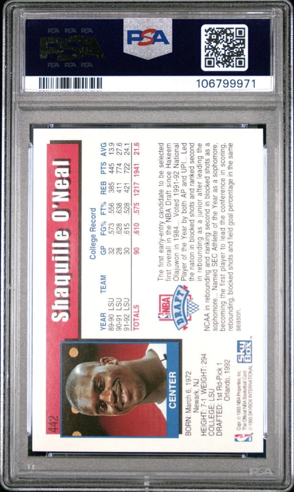 Shaquille O'Neal 1992-93 Hoops Skybox #442 PSA 10 Rookie
