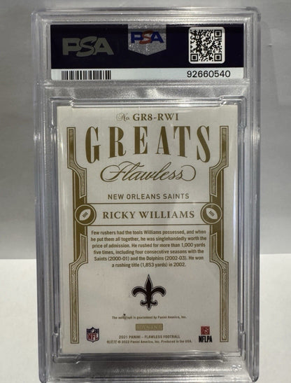 2021 Flawless Ricky Williams Greats Auto-Silver 9/20 PSA 10 POP 1 On Card Auto