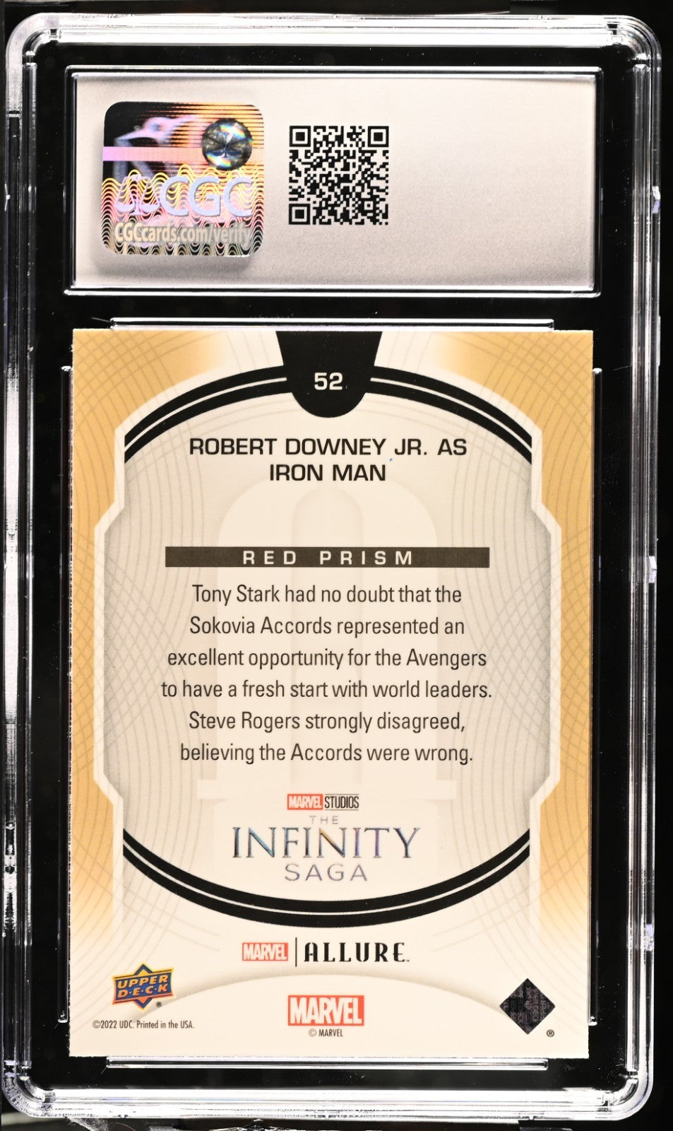 2022 Upper Deck Marvel Allure Robert Downey Jr. As Iron Man Red Prism CGC 9