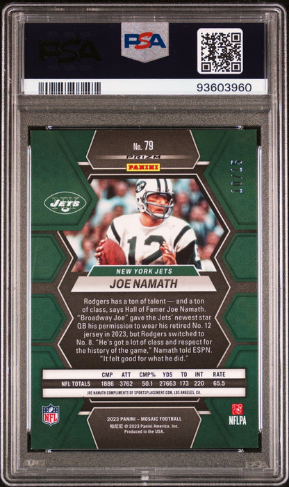 2023 Panini Mosaic Joe Namath #79 Blue Fluorescent PSA 9