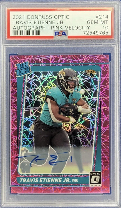 2021 DONRUSS /50 OPTIC RATED ROOKIE TRAVIS ETIENNE PINK Auto VELOCITY PSA 10