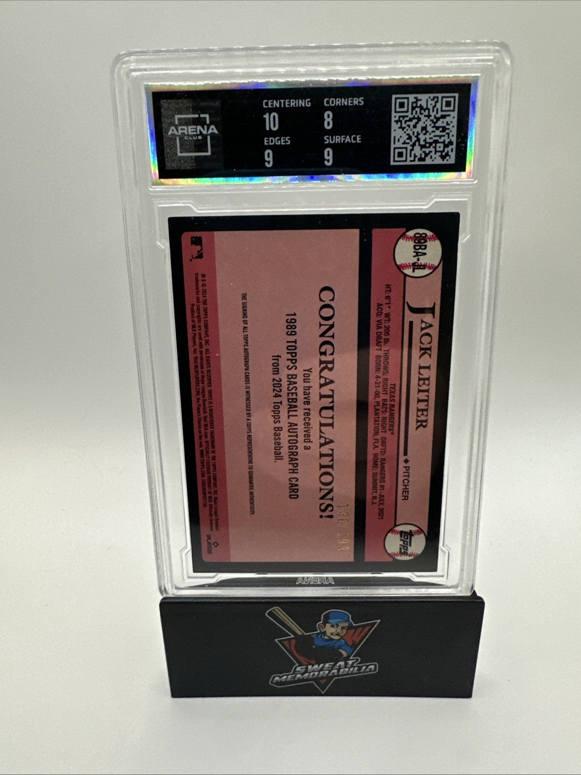 2024 Update 1989 Topps Baseball Black /199 Jack Leiter Rookie Auto RC Arena 8.5