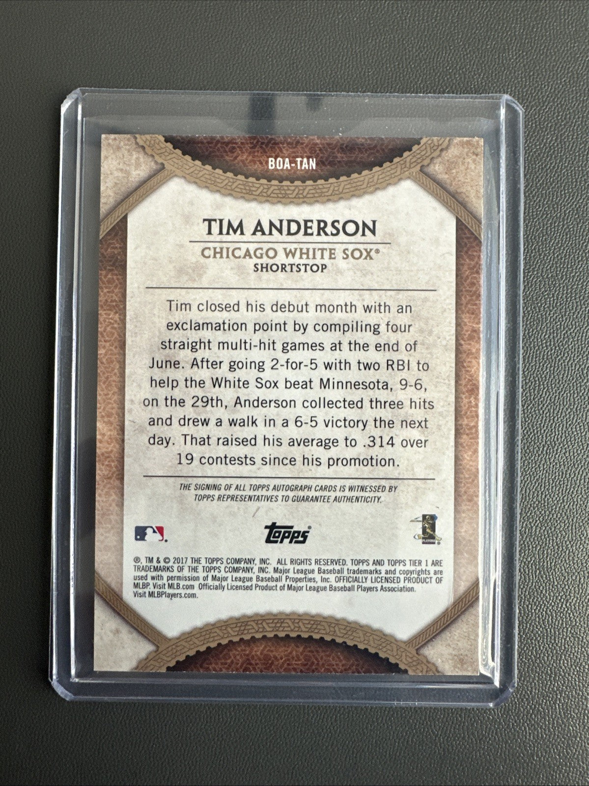2017 TOPPS TIER ONE TIM ANDERSON *CERTIFIED AUTO #171/300*  WHITE SOX