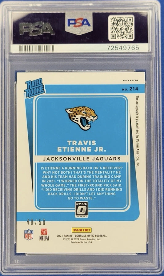 2021 DONRUSS /50 OPTIC RATED ROOKIE TRAVIS ETIENNE PINK Auto VELOCITY PSA 10