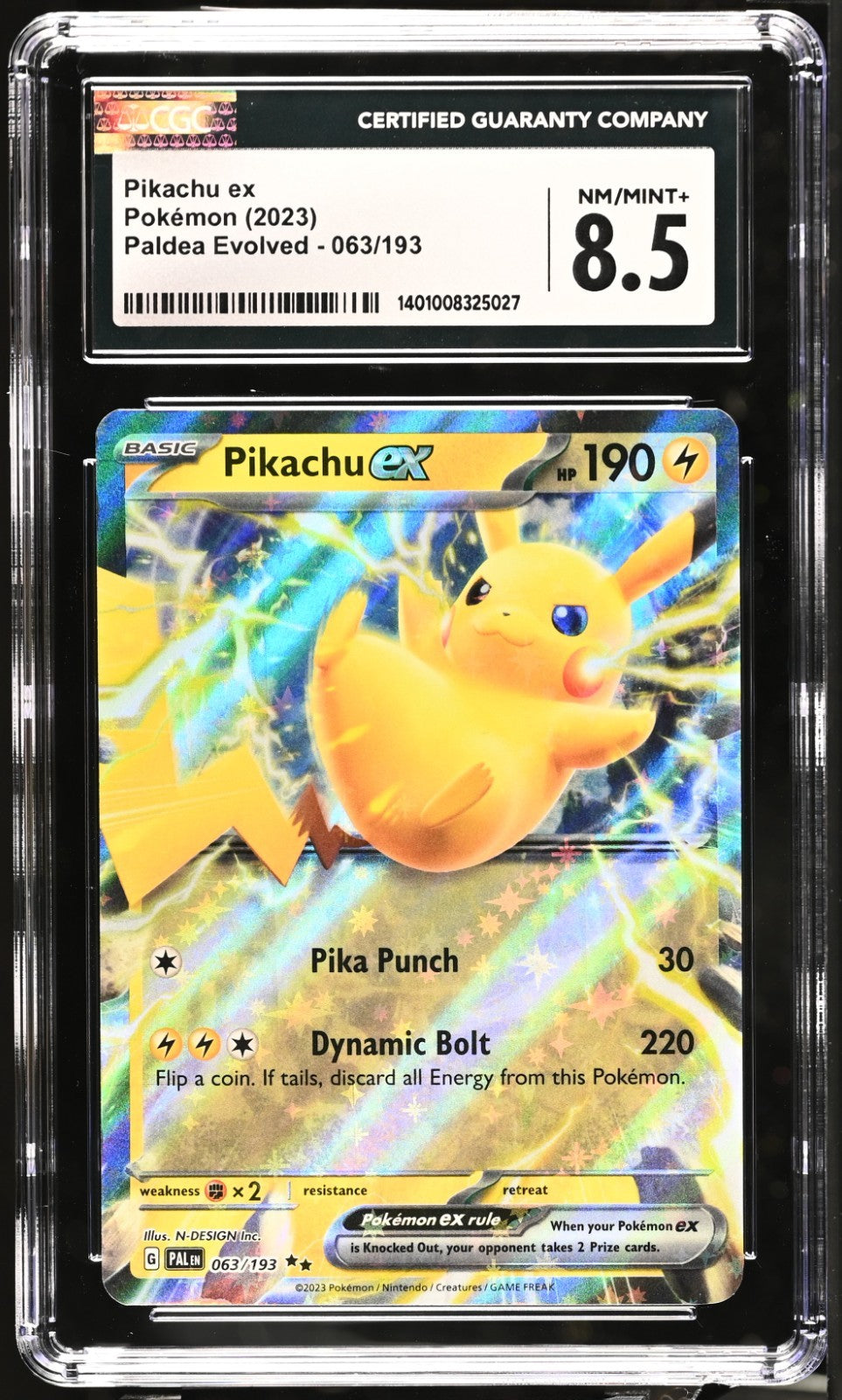 Pokémon 2023 Pikachu EX Paldea Evolved 063/193 Holo Double Rare CGC 8.5
