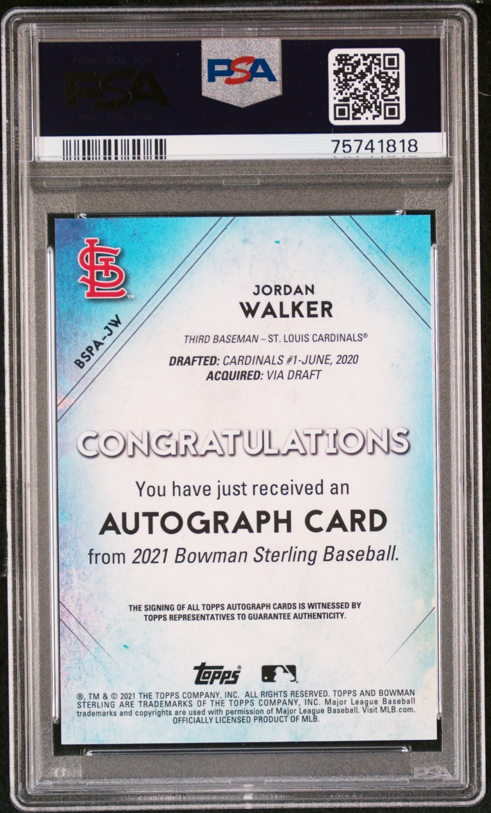 2021 Bowman Sterling Prospect Autographs Jordan Walker Prospect #BSPAJW PSA 9