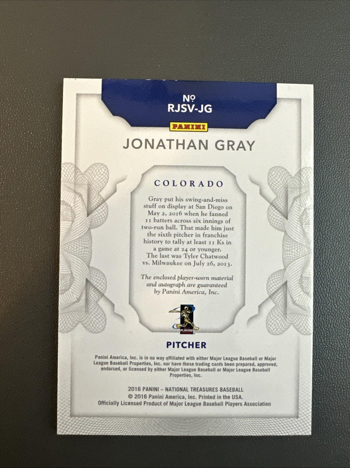 2016 National Treasures Jonathan Gray Auto Rockies 3 Color PATCH AUTO RC #/5