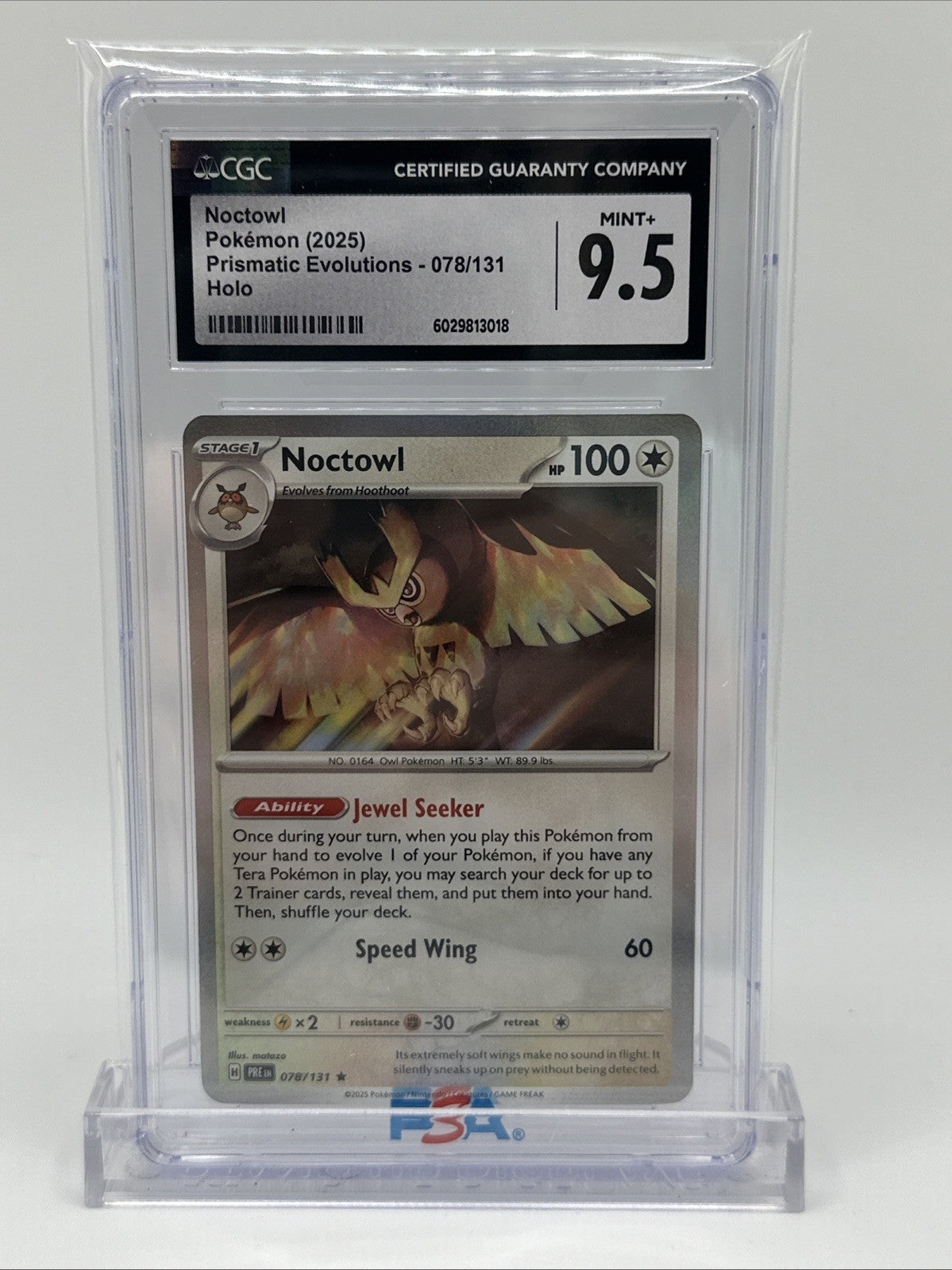 Pokemon 2025 Noctowl 078/131 Prismatic Evolutions Holo Rare CGC 9.5
