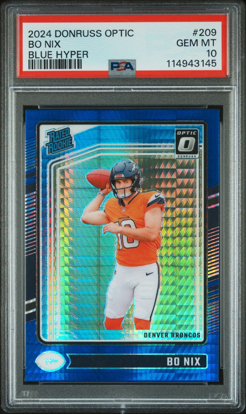 2024 Panini Donruss Optic Bo Nix #209 Blue Hyper PSA 10 GEM MINT