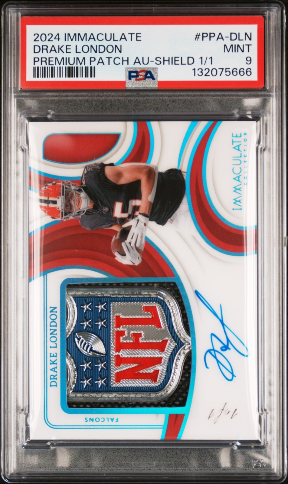 2024 Panini Immaculate Premium Patch Auto Drake London NFL Shield 1/1 PSA 9