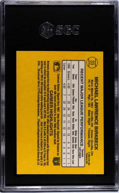 1987 DONRUSS MIKE BIRKBECK RATED ROOKIE #33 SGC 8