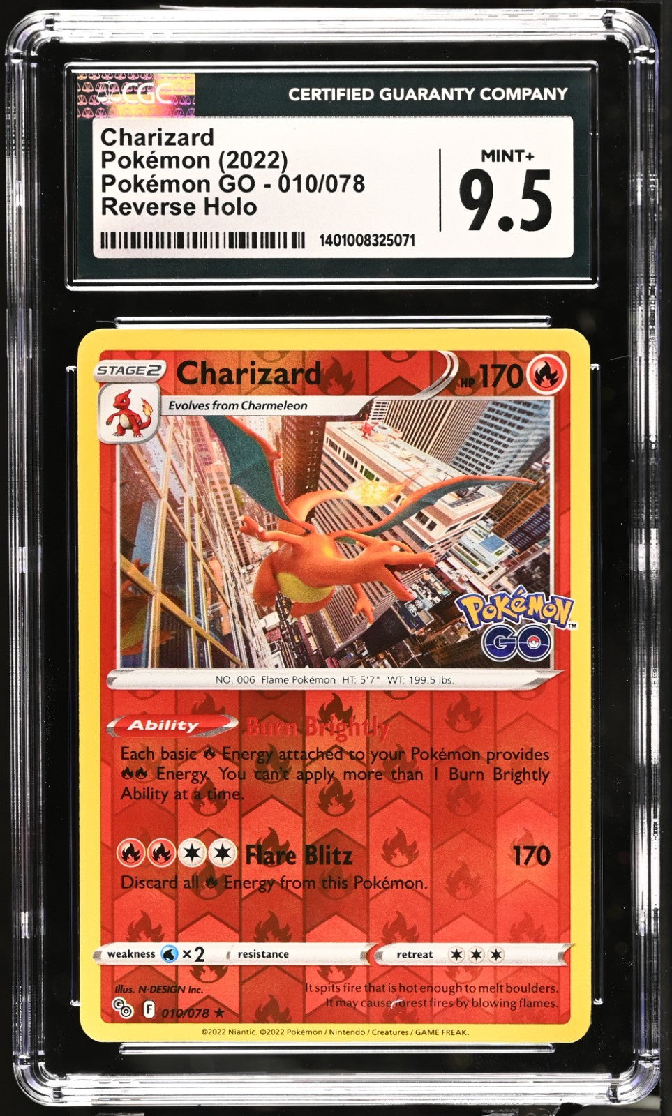Pokémon 2022 TCG Charizard Pokémon GO 010/078 Reverse Holo CGC 9.5