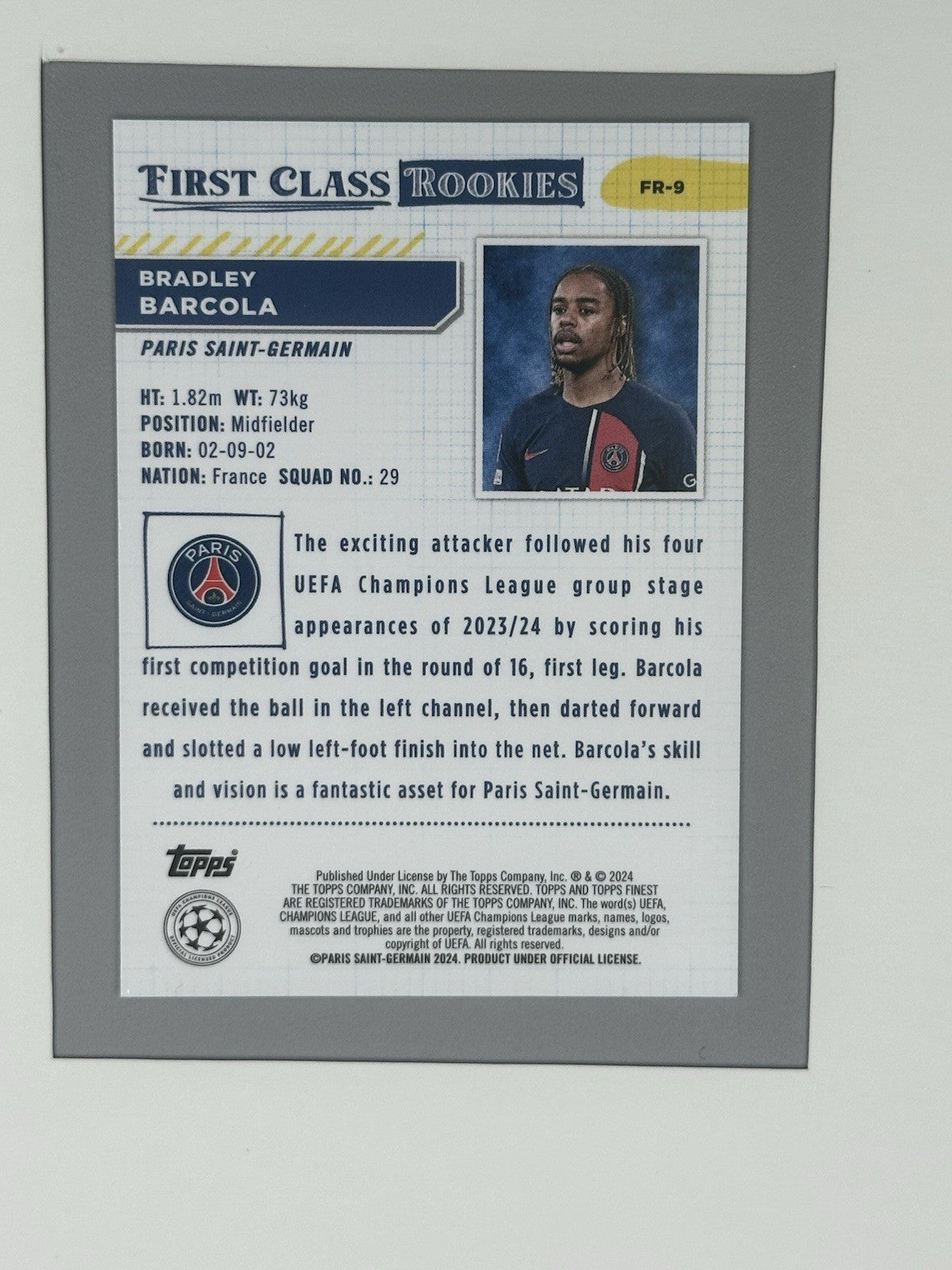 2024 Topps Finest Bradley Barcola First Class Rookie RC Blue 78/150 #FR-9