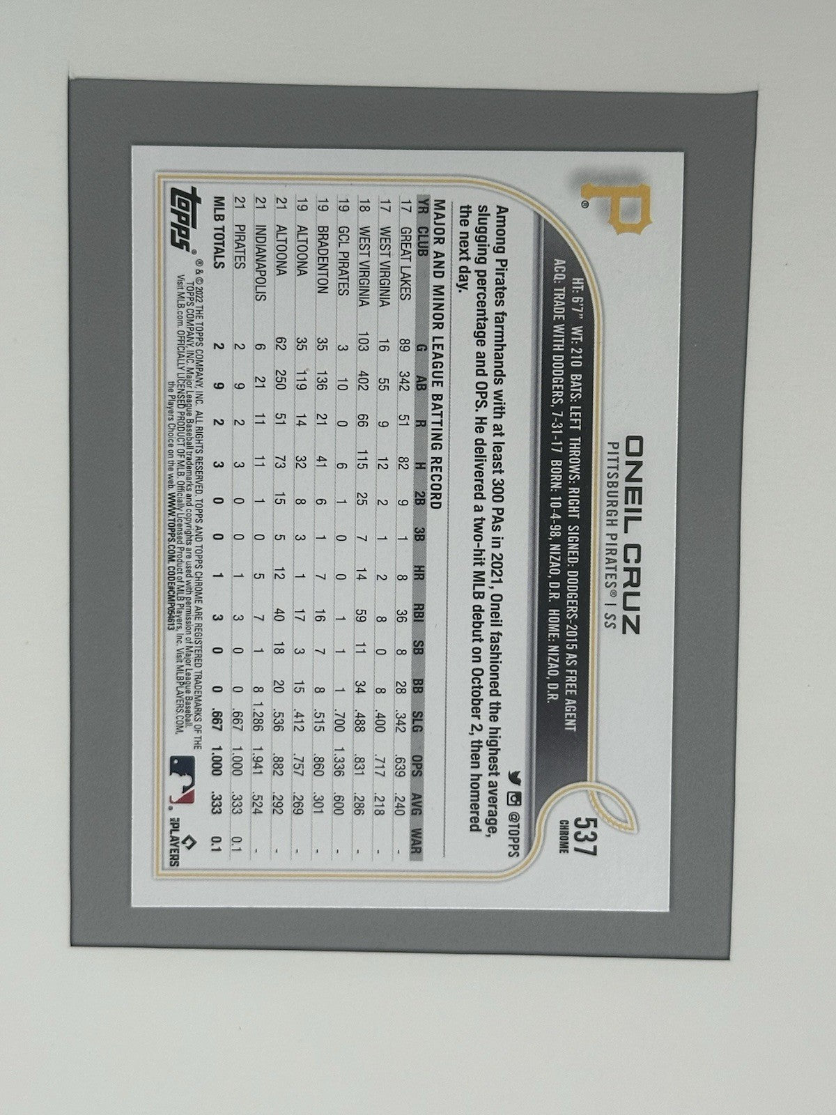 2022 Topps Complete Set RC Oneil Cruz Variation SP #537