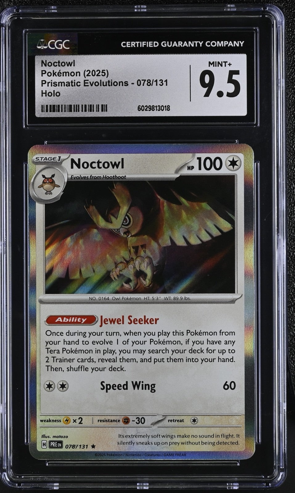 Pokemon 2025 Noctowl 078/131 Prismatic Evolutions Holo Rare CGC 9.5