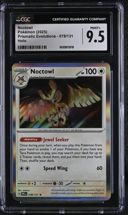 Pokemon 2025 Noctowl 078/131 Prismatic Evolutions Holo Rare CGC 9.5