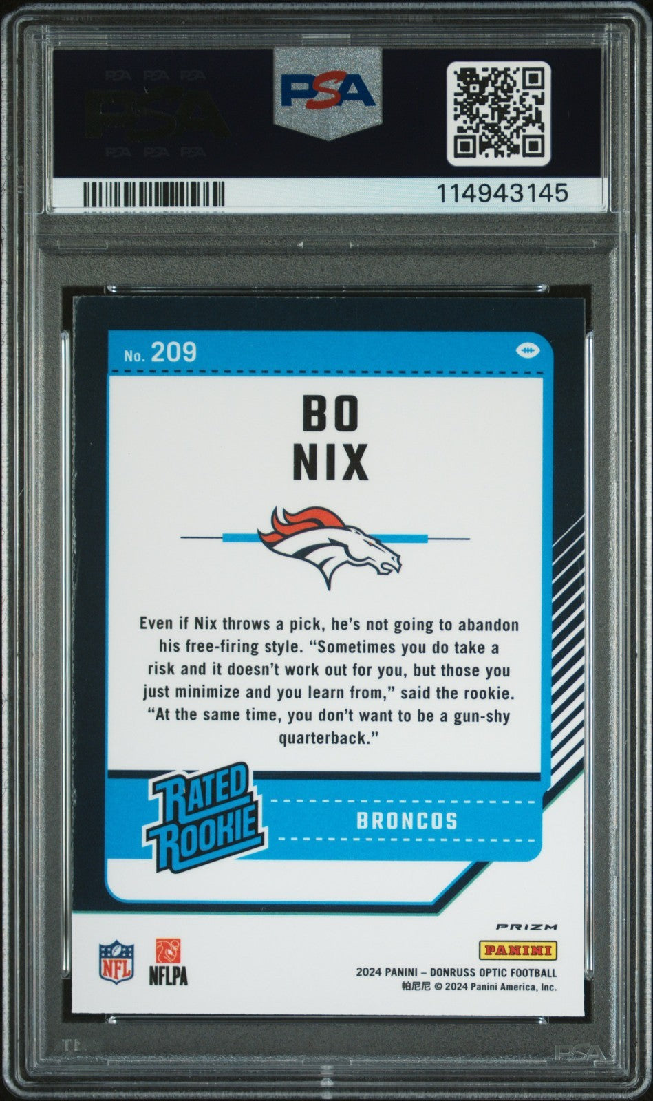 2024 Panini Donruss Optic Bo Nix #209 Blue Hyper PSA 10 GEM MINT