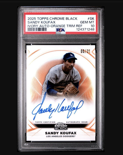 2025 Topps Chrome Black Sandy Koufax Ivory Autograph Orange Refractor /25 PSA 10