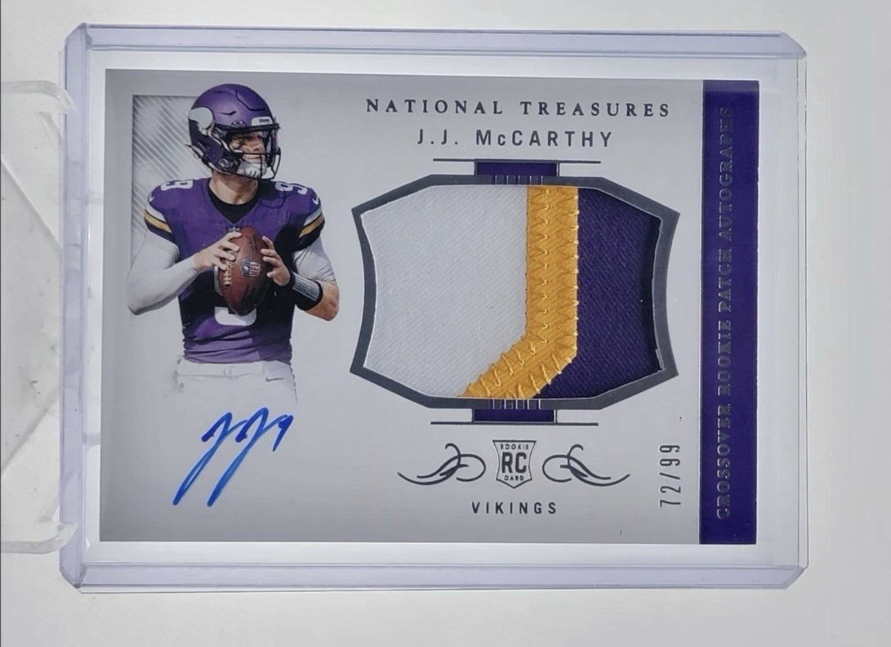 J.J. MCCARTHY 2024 NATIONAL TREASURES CROSSOVER RPA ROOKIE RC AUTO /99