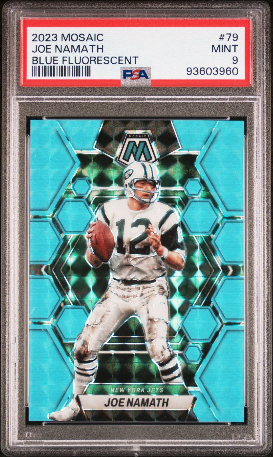 2023 Panini Mosaic Joe Namath #79 Blue Fluorescent PSA 9