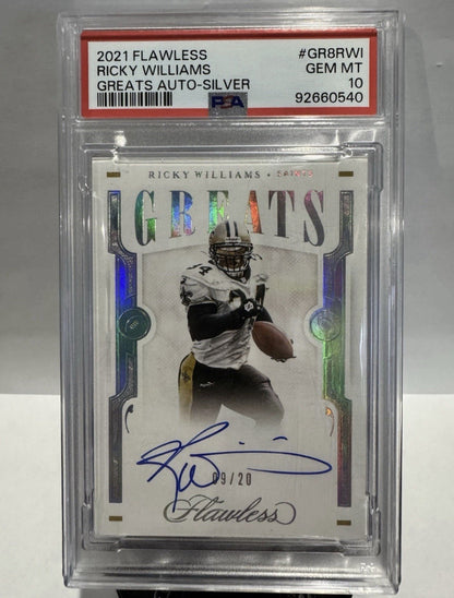 2021 Flawless Ricky Williams Greats Auto-Silver 9/20 PSA 10 POP 1 On Card Auto