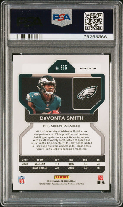 2021 Panini Prizm Devonta Smith #335 Red/White/Blue Prizm PSA 10