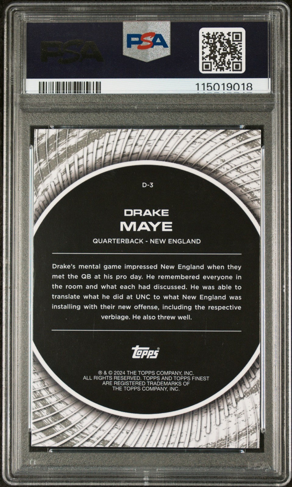 2024 Topps Finest Debut Drake Maye #D3 PSA 10 GEM MINT